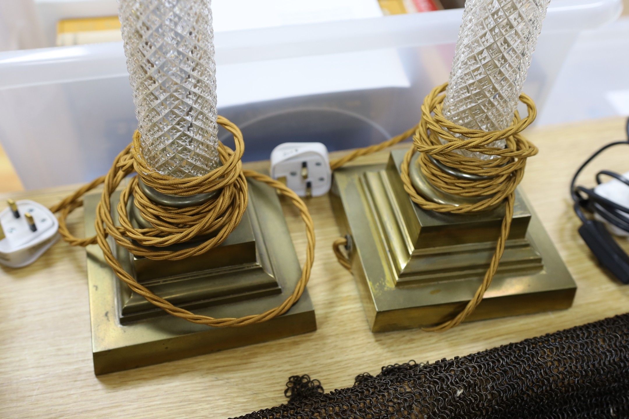 A pair of brass and glass Corinthian column table lamps, 57cm total height